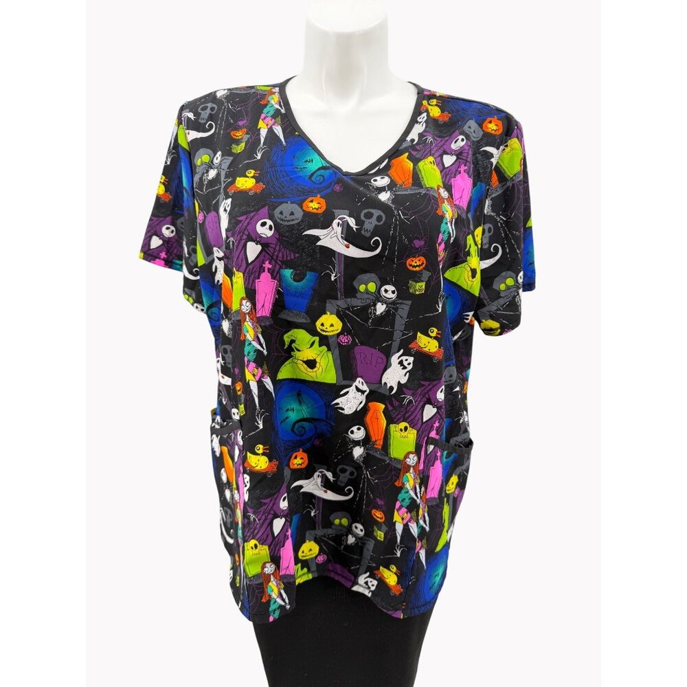 Disney Nightmare Before Christmas Scrub Top 2XL V-Neck Short Sleeve Halloween Pr
